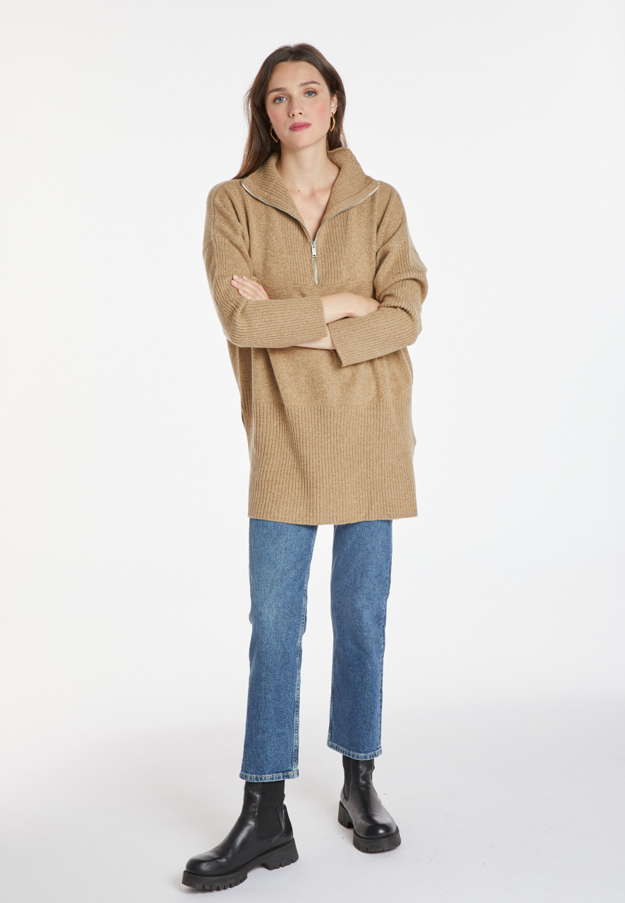 Long zip-neck sweater in wool and cashmere - Charlotte