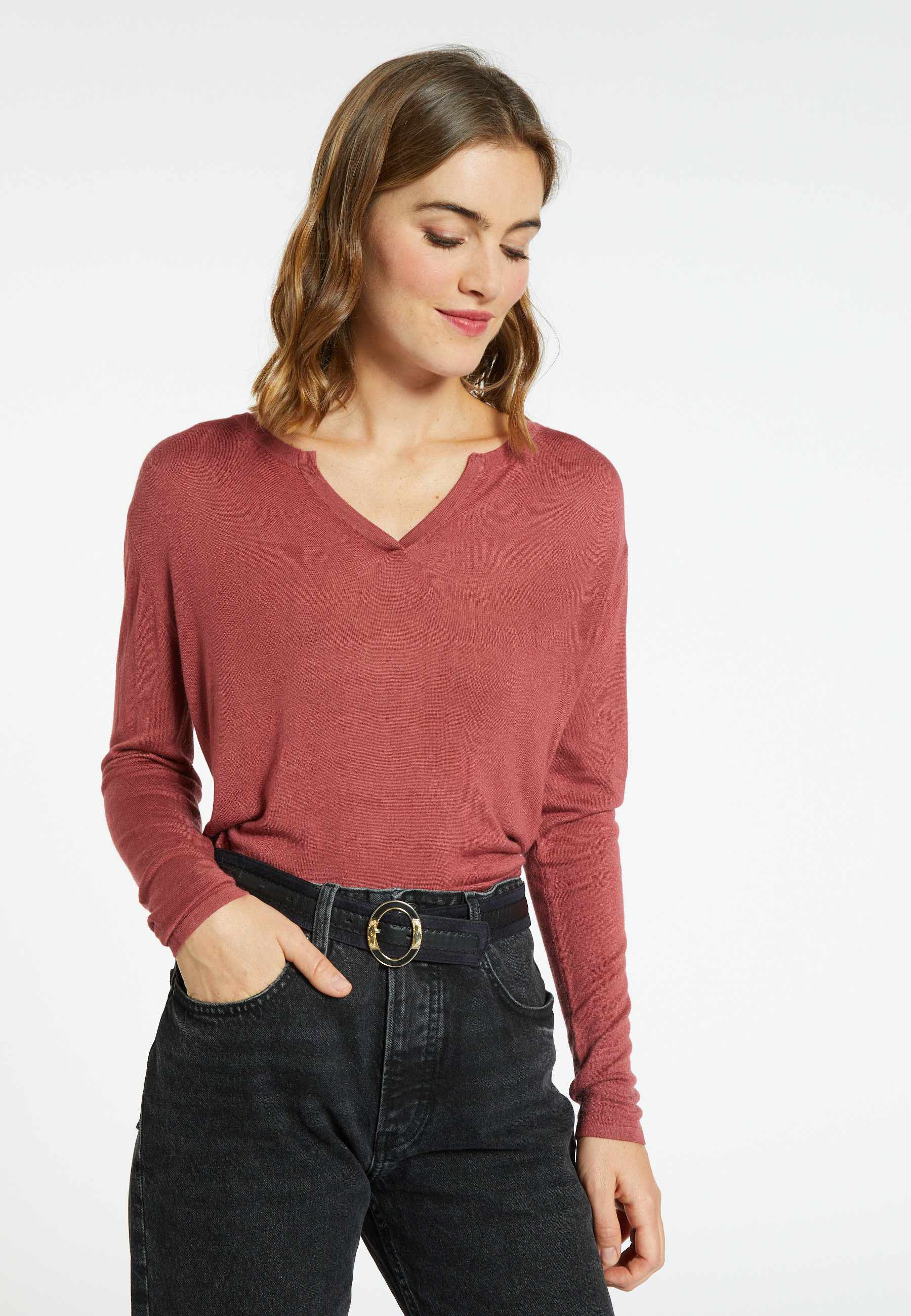 Bamboo cashmere t-shirt with tunisian collar - Alicia