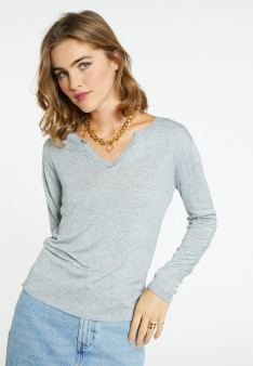 Bamboo cashmere t-shirt with tunisian collar - Alicia