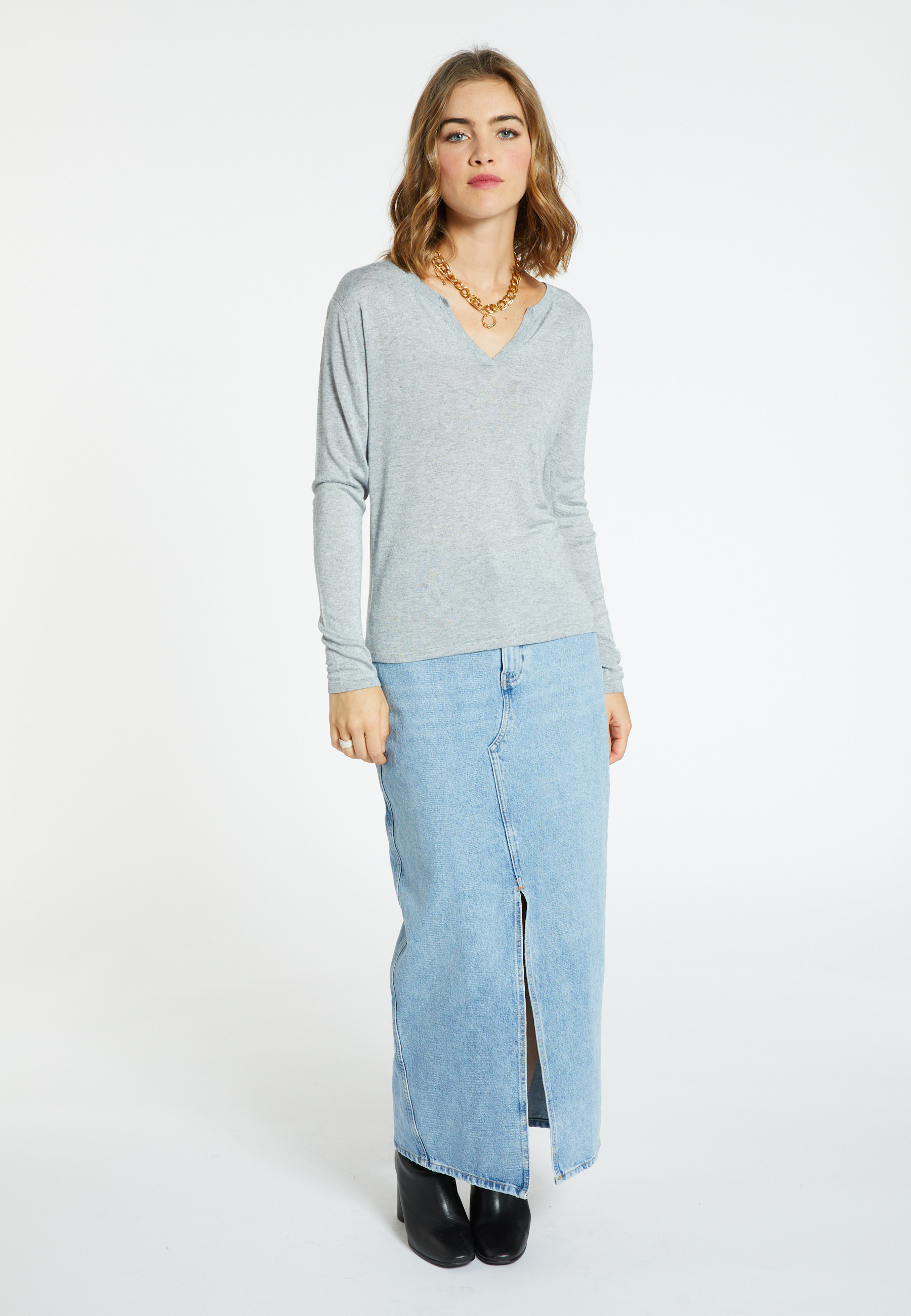 Bamboo cashmere t-shirt with tunisian collar - Alicia