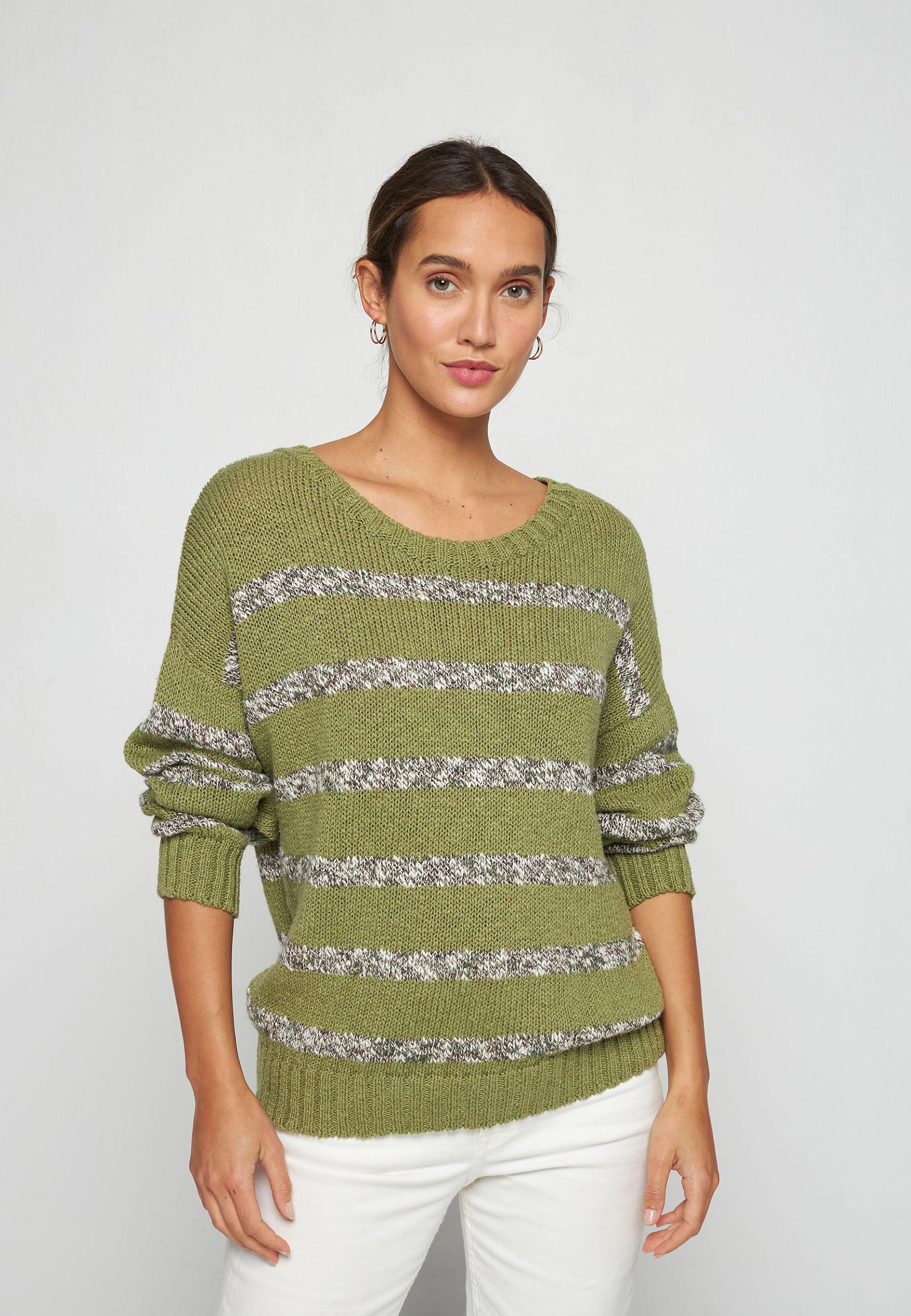 Pull rayé en coton et lin - Thildie 7718 olive - 22 Vert moyen