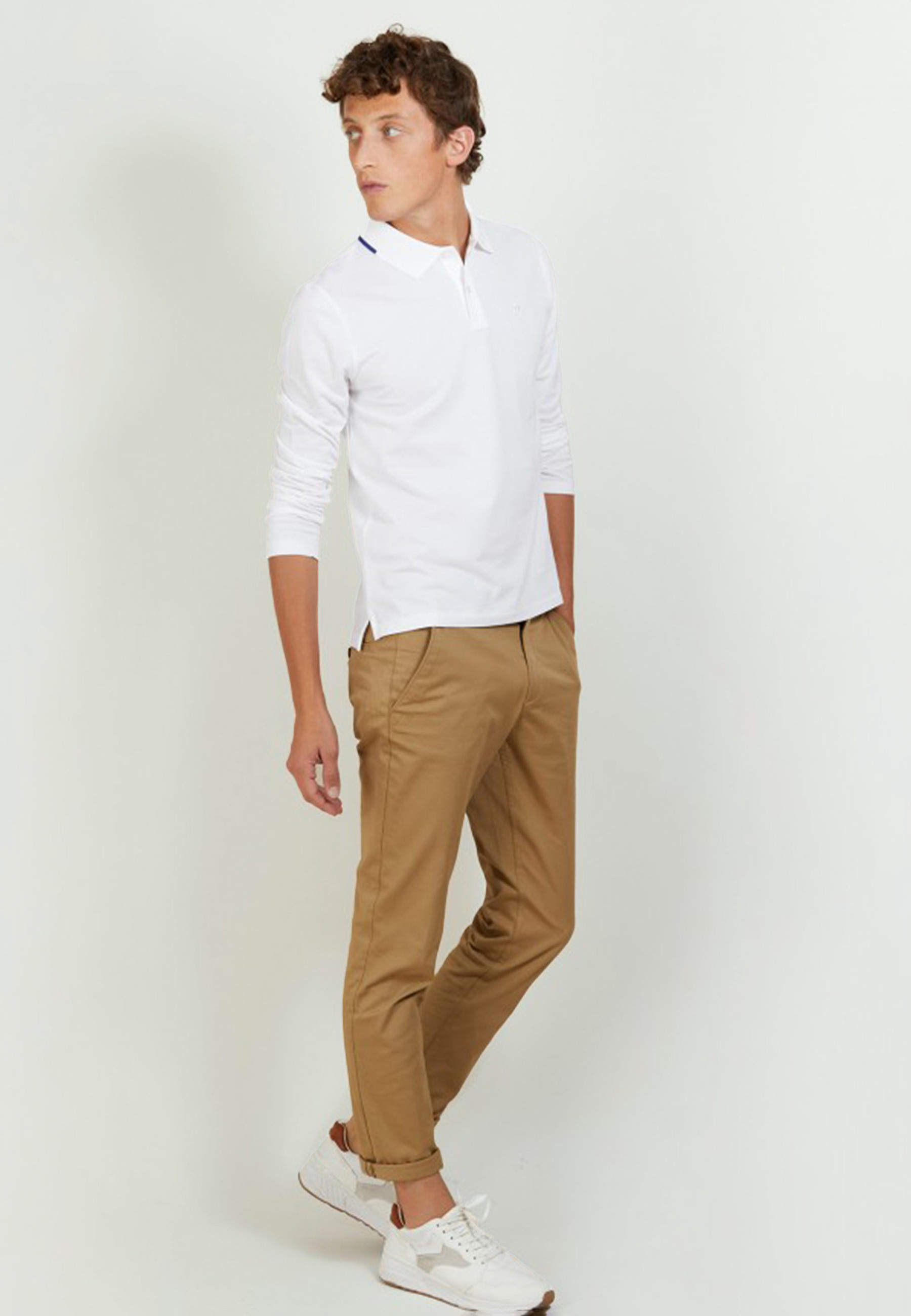 Polo manches longues en coton piqué - Banjo 6802 blanc + altitude - 02 Blanc