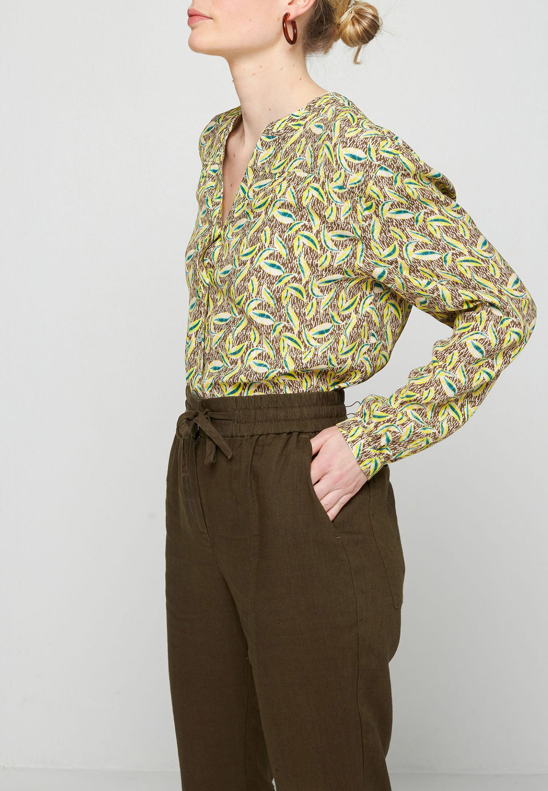 Chemisier manches longues à motifs en chaine et trame viscose - Seina 7723 kaki - 83 Kaki