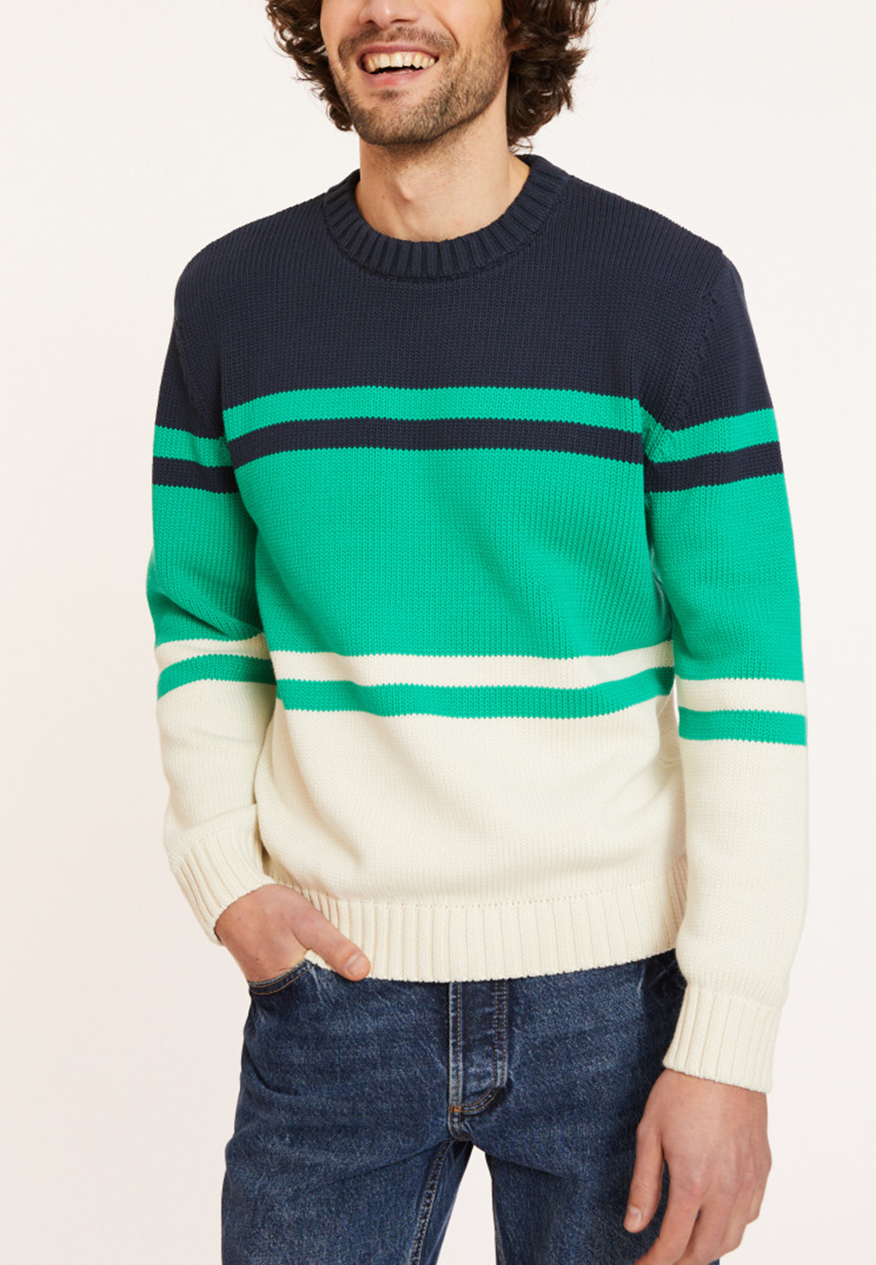 Pull en coton tricolore - Dustin 8141 - 22 Vert moyen