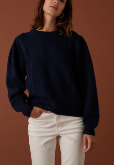 Raglan sleeve sweater in cocoon wool and cable knit - Carlotta