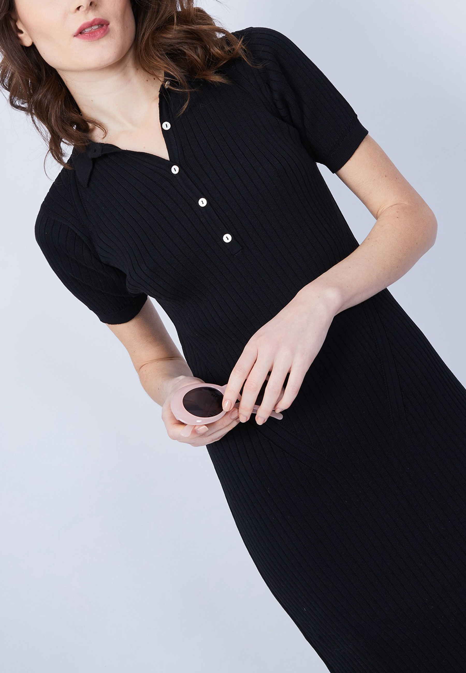 Robe col polo en coton - Jacee 6410 noir - 01 Noir
