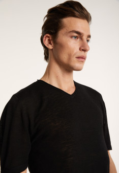 T-shirt col V en lin flammé - Bobélia 6810 noir - 01 Noir