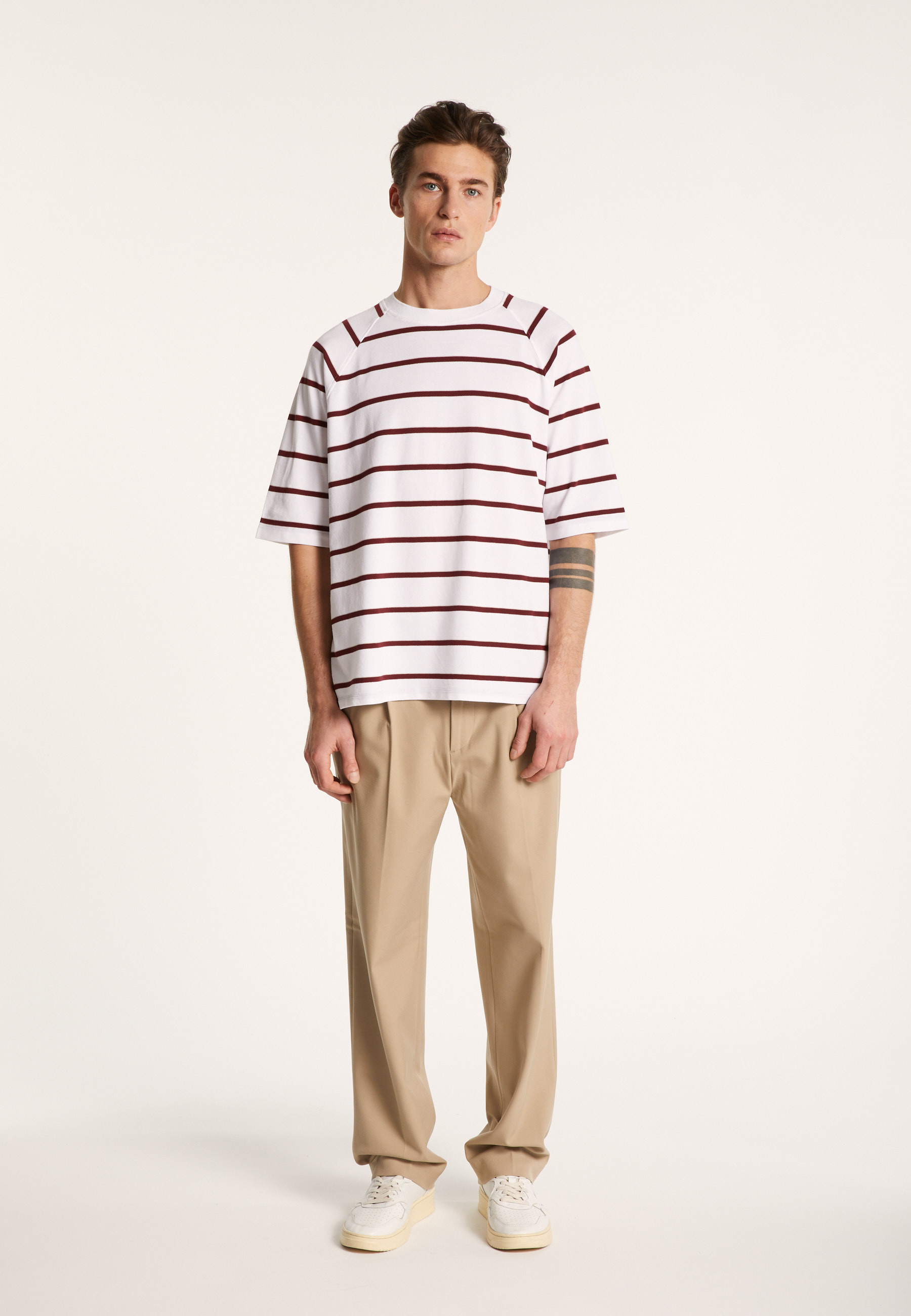 T-shirt en coton à rayures - Patrick 7360 blanc/rubis/sahara - 02 Blanc