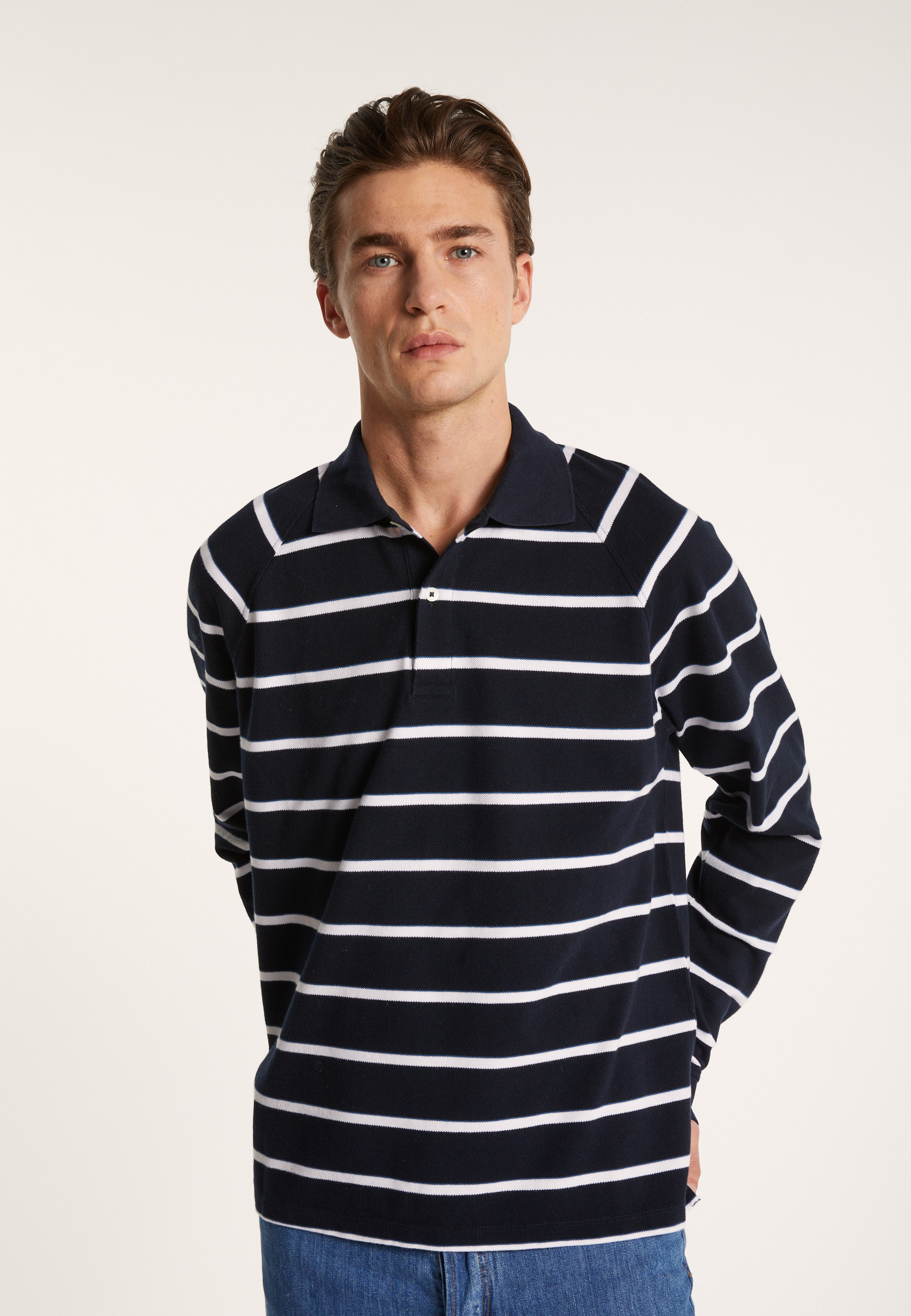 Long-sleeved striped cotton polo shirt - Pavel