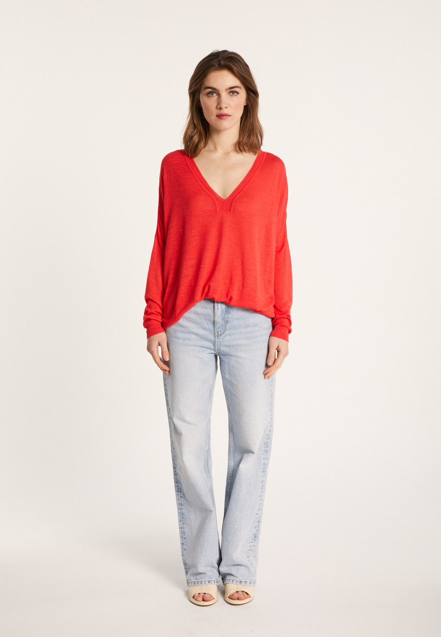 Long-sleeved V-neck t-shirt in slub linen - Beja