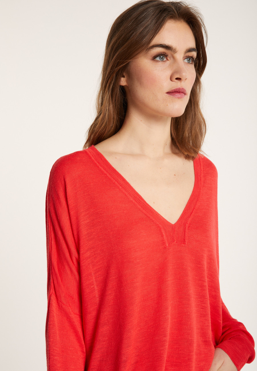 Long-sleeved V-neck t-shirt in slub linen - Beja