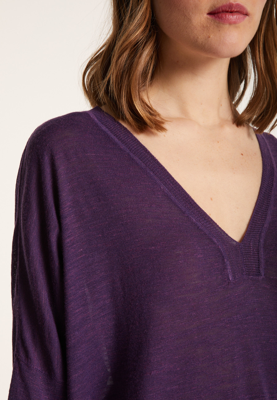 Long-sleeved V-neck t-shirt in slub linen - Beja