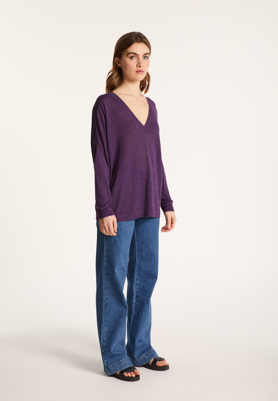 Long-sleeved V-neck t-shirt in slub linen - Beja