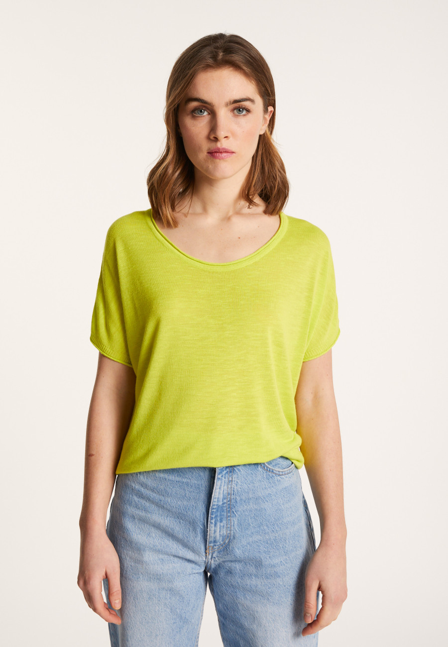 Camiseta de linho com gola redonda e babados - Loli