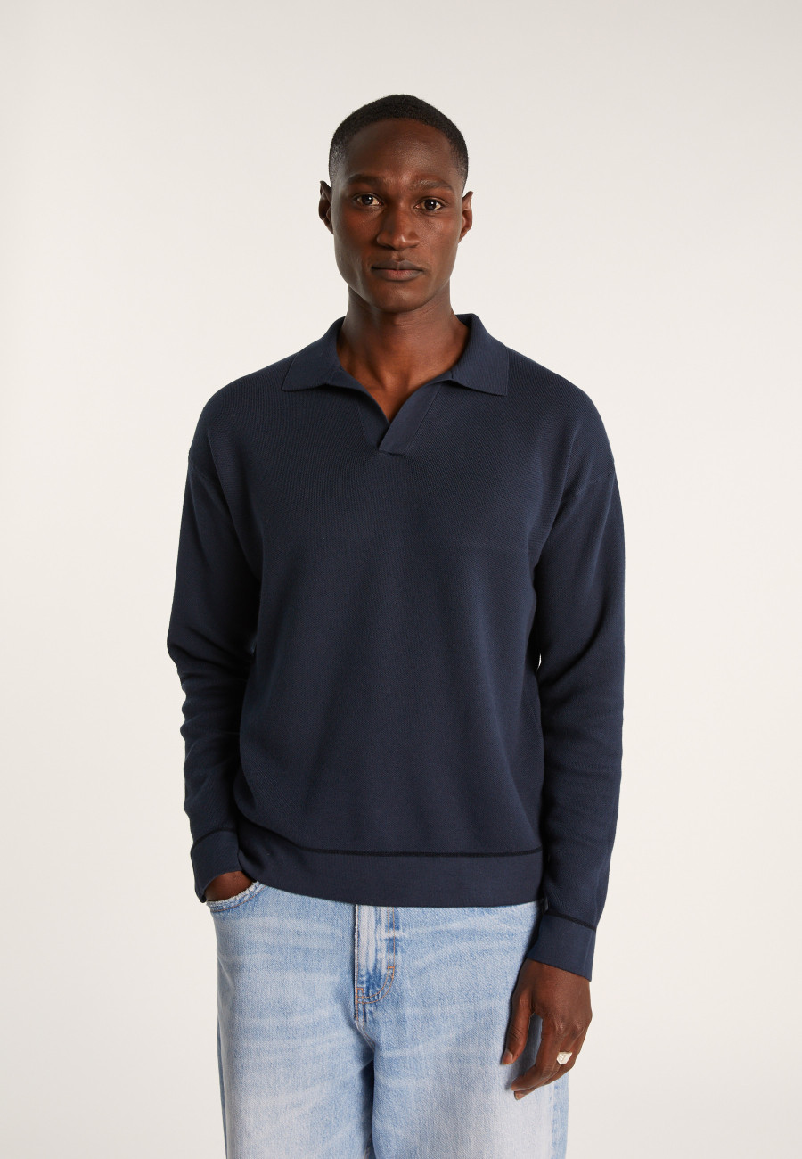 Long-sleeved polo shirt in flamed cotton and linen - Ido