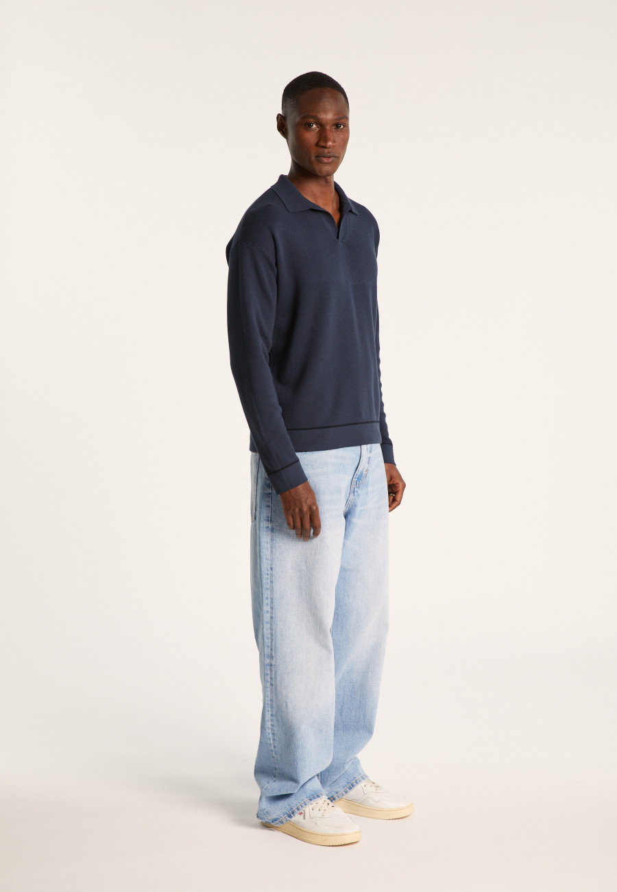 Long-sleeved polo shirt in flamed cotton and linen - Ido