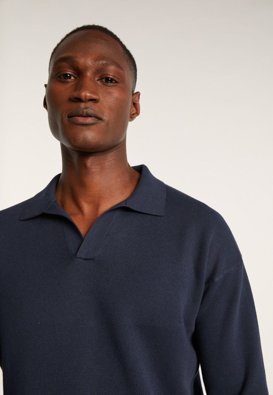 Long-sleeved polo shirt in flamed cotton and linen - Ido