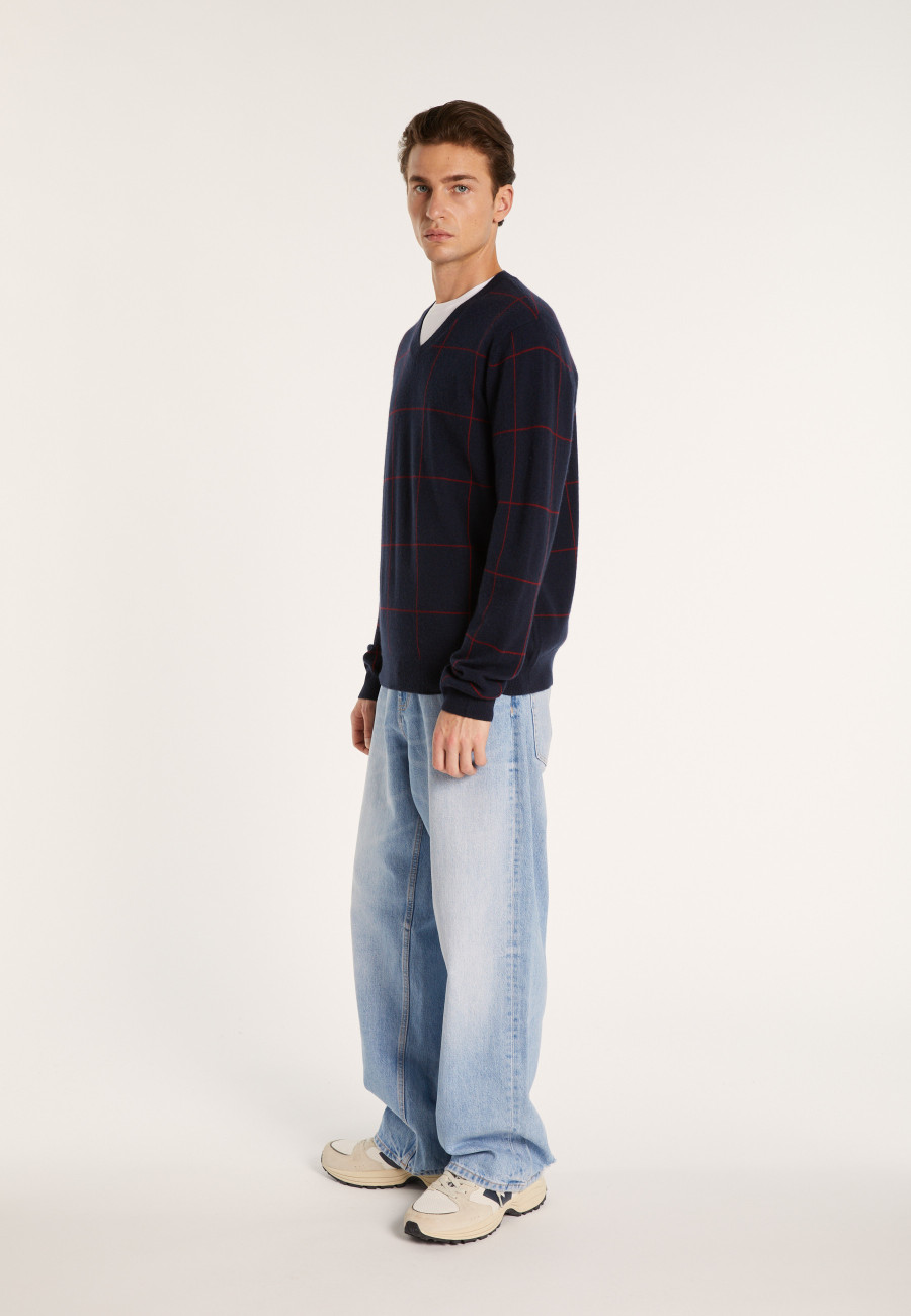 Suéter Cashmere com decote em V e xadrez - Artur