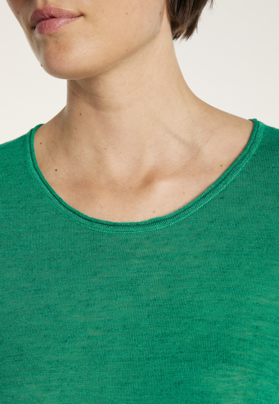 Camiseta gola redonda em linho flamejado com mangas cotovelo - Mady