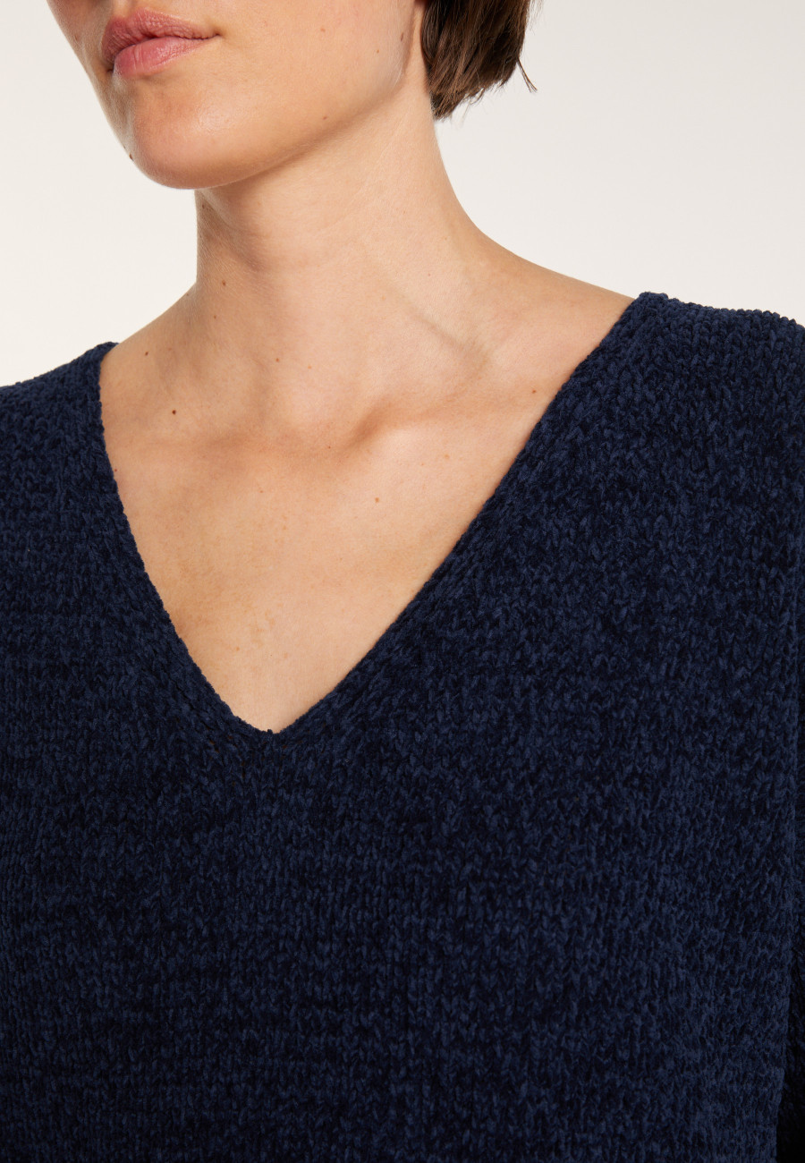 Cotton velvet jumper with deep V-neck - MARIETTE