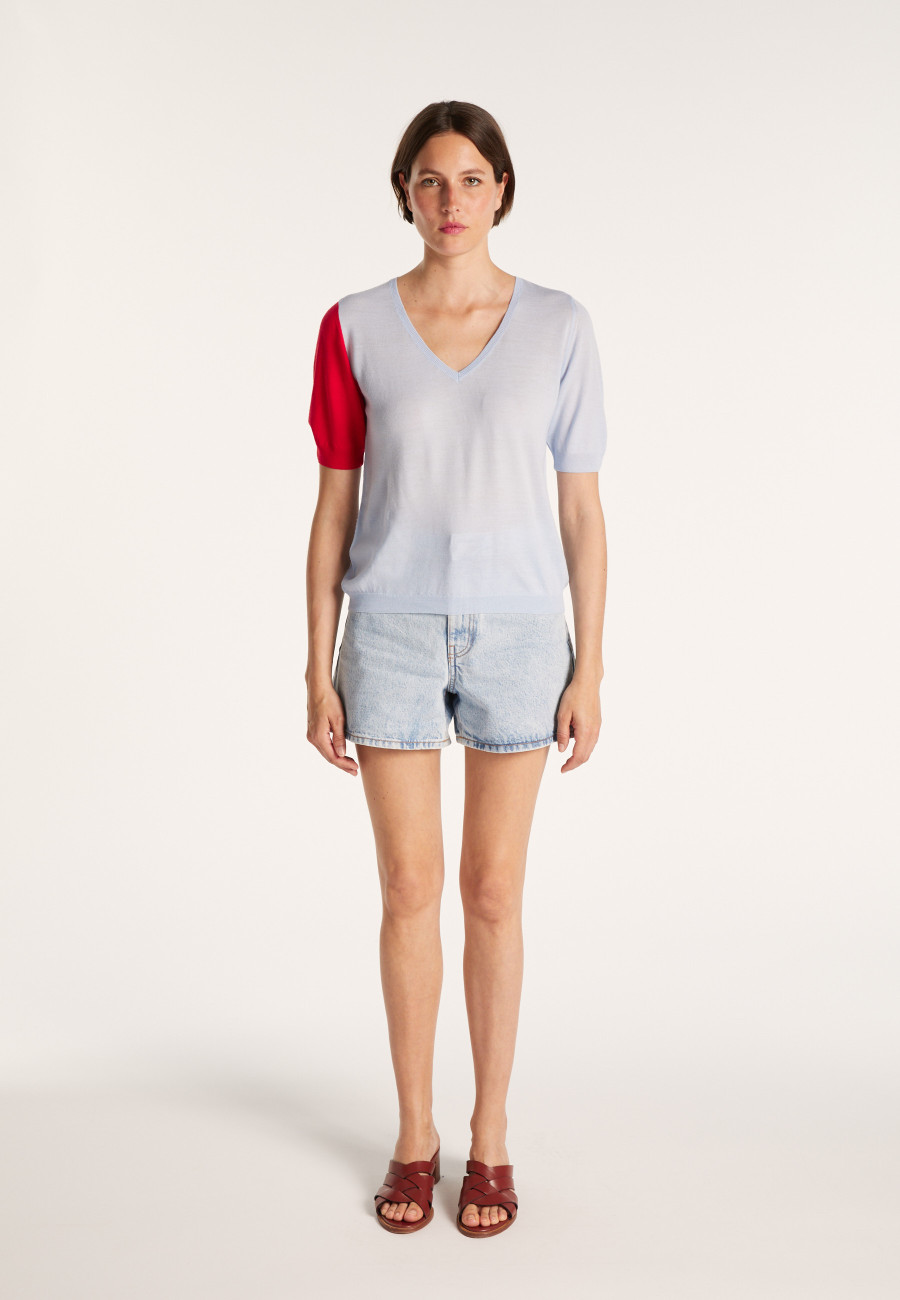 Short-sleeved V-neck jumper in two-tone wool - JACKIE