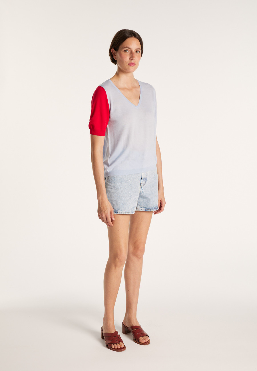 Suéter de lã bicolor de manga curta e gola V - Jackie