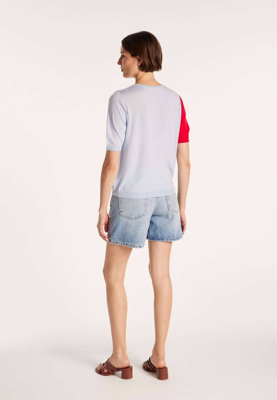 Suéter de lã bicolor de manga curta e gola V - Jackie