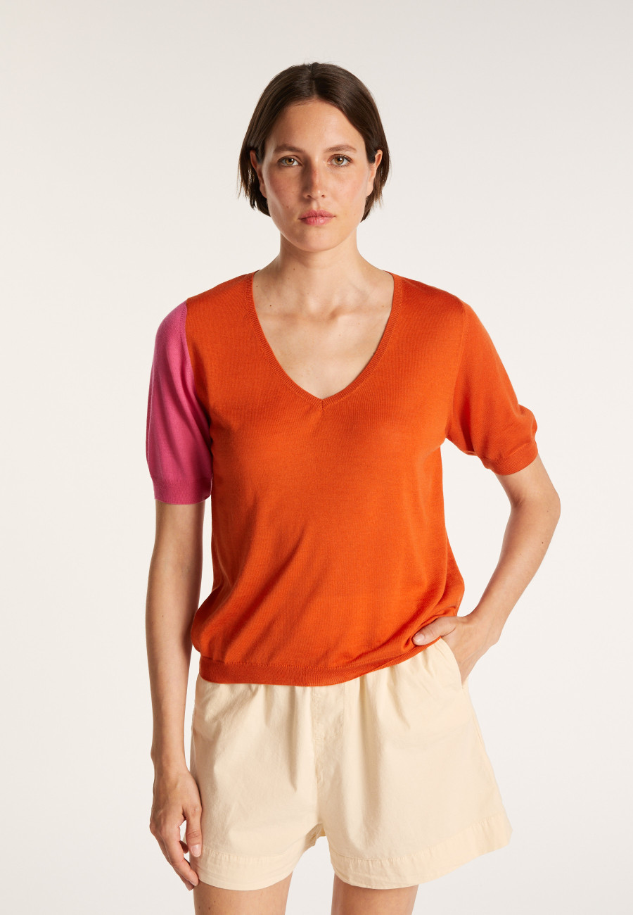 Short-sleeved V-neck jumper in two-tone wool - JACKIE