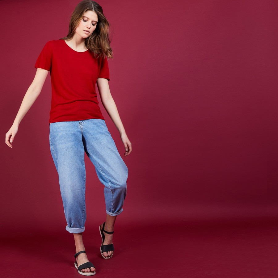 Camiseta de linho com gola redonda e babados - Bang