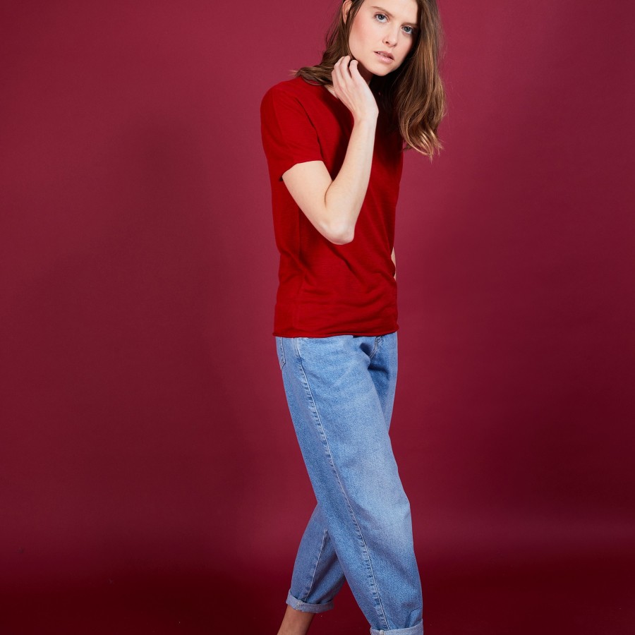 Camiseta de linho com gola redonda e babados - Bang