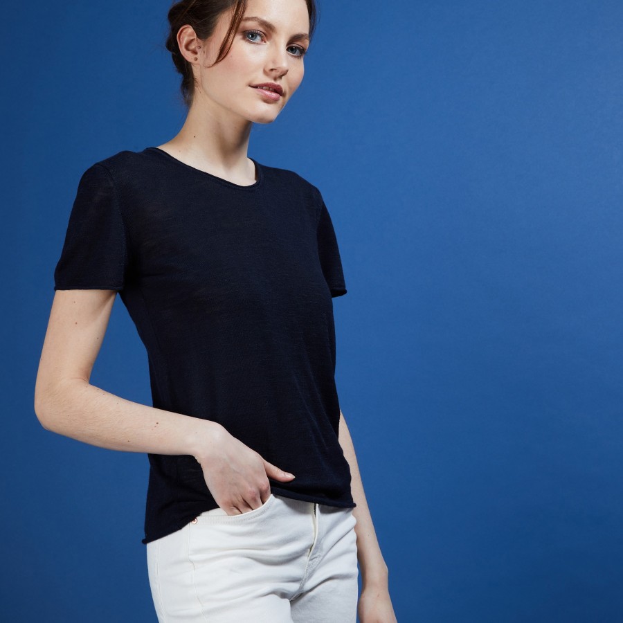 Camiseta de linho com gola redonda e babados - Bang