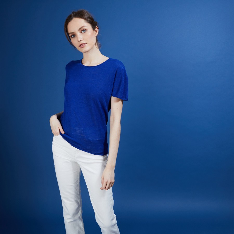 Camiseta de linho com gola redonda e babados - Bang