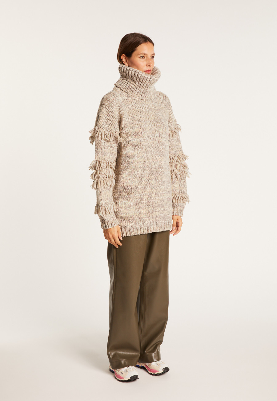 Jumper with large fringed roll neck - Sage
