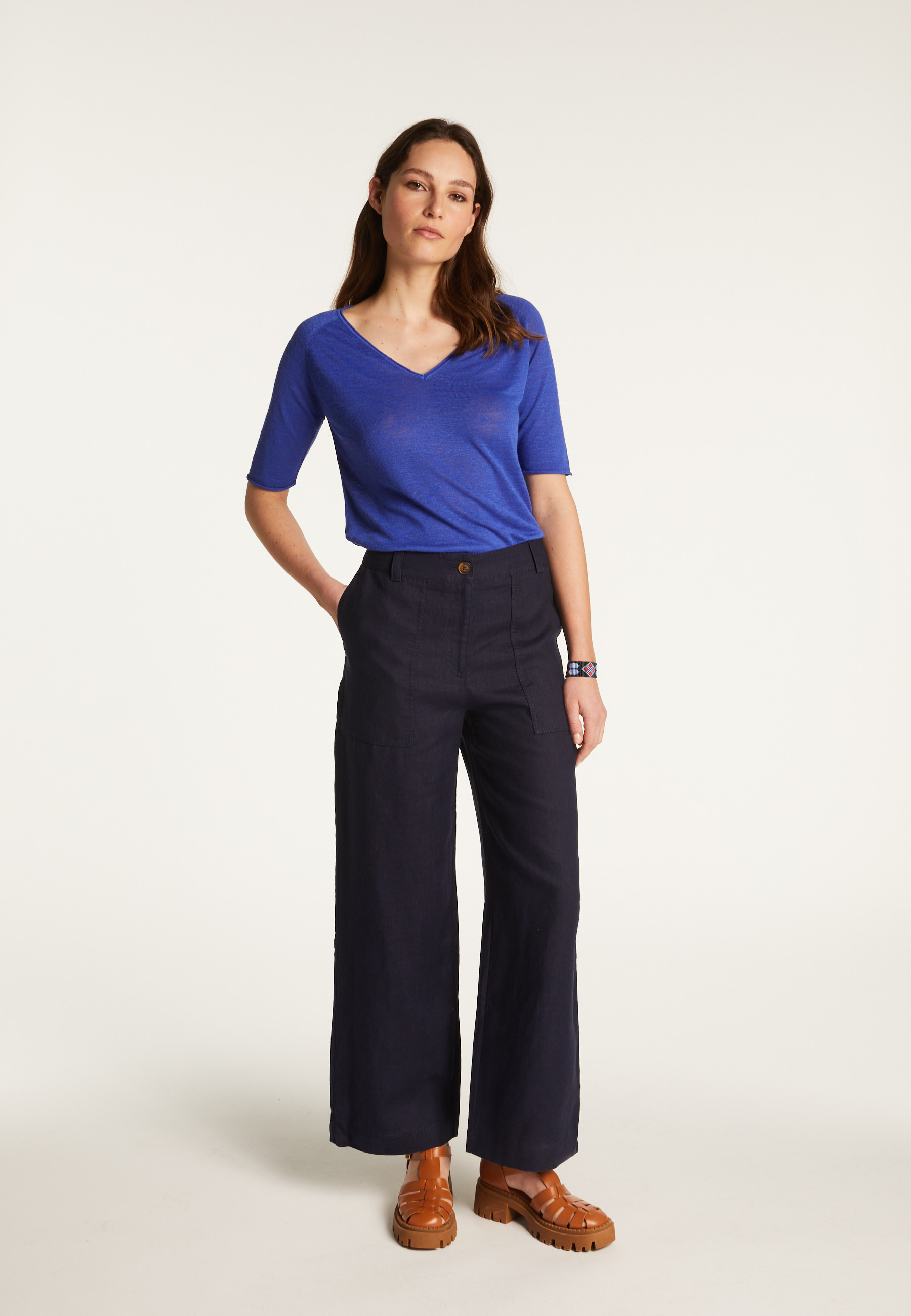 T-shirt col V en lin flammé - Bonbon