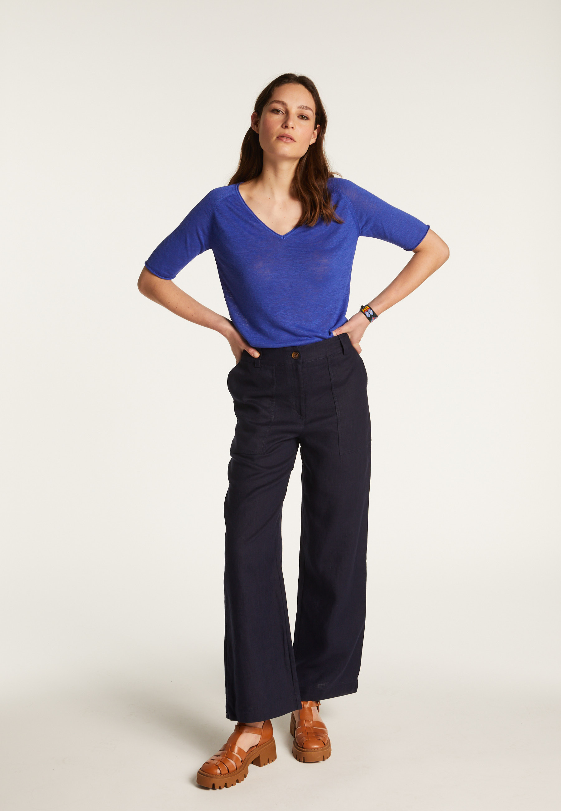 Flamed linen V-neck t-shirt - Bonbon