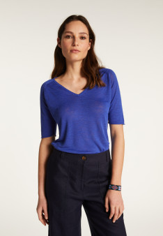 T-shirt col V en lin flammé - Bonbon