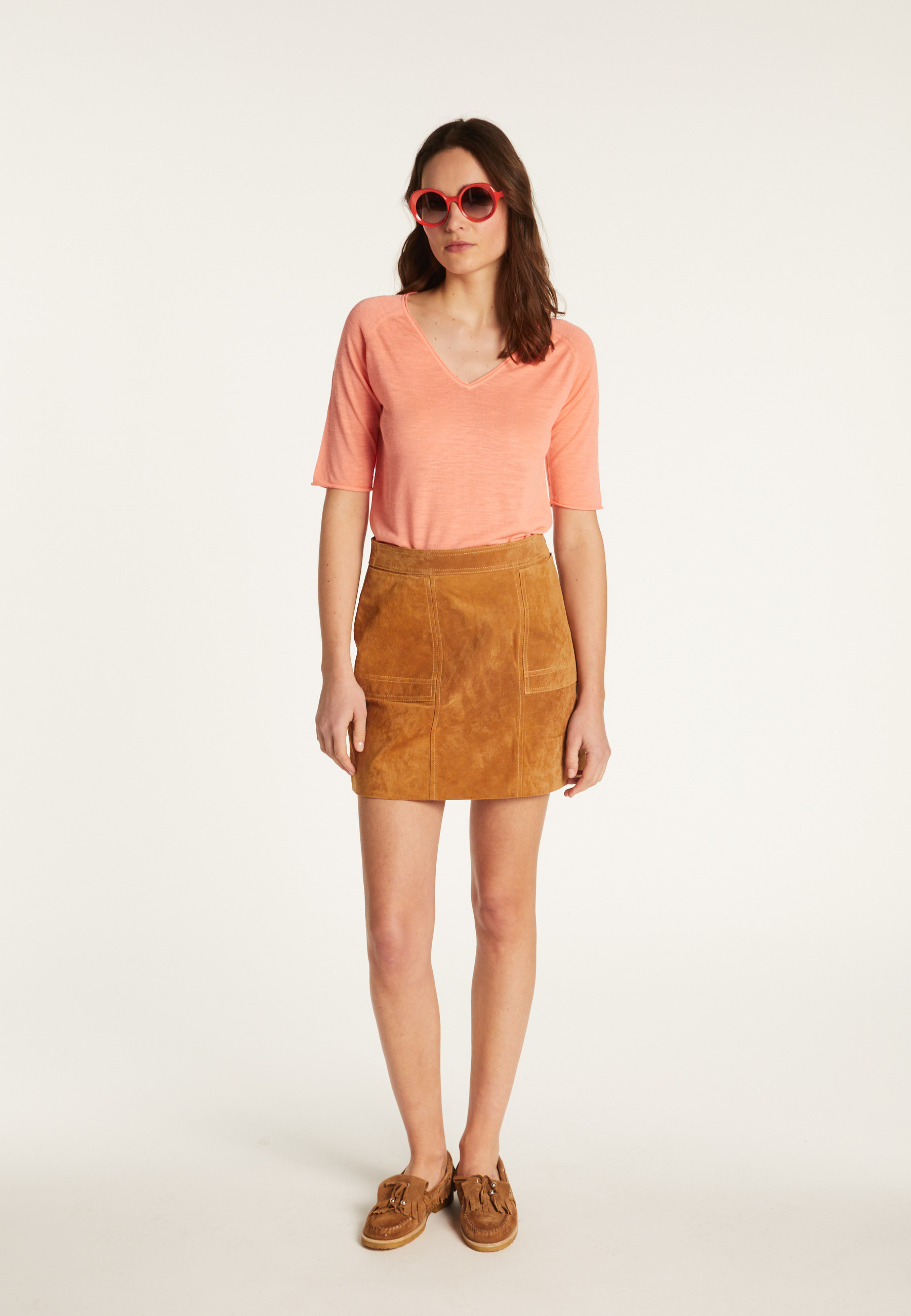 T-shirt col V en lin flammé - Bonbon