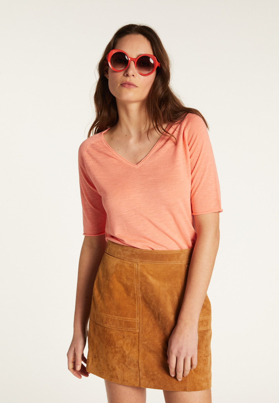 Camiseta gola V de linho flamejado - Bonbon