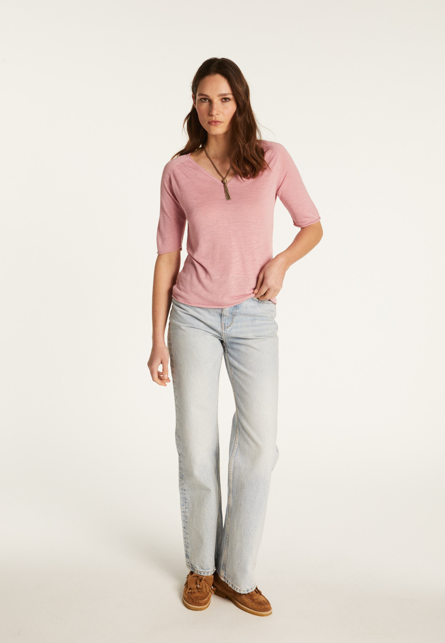 Flamed linen V-neck t-shirt - Bonbon