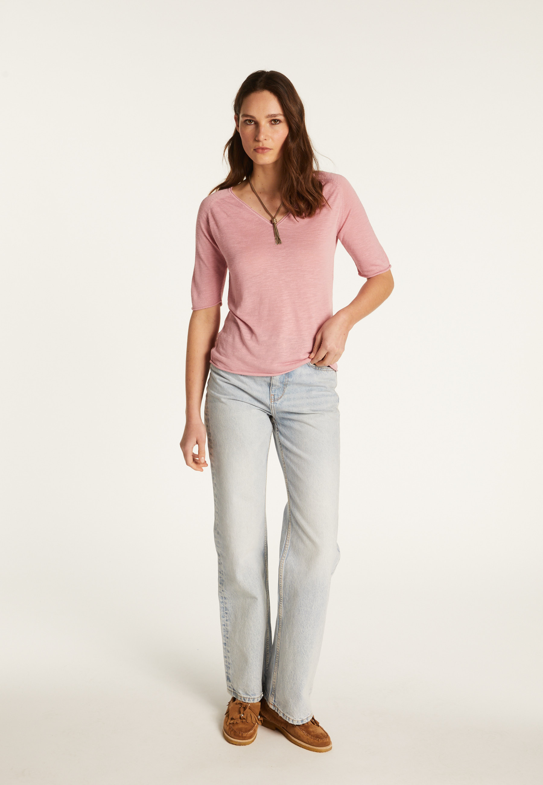 T-shirt col V en lin flammé - Bonbon