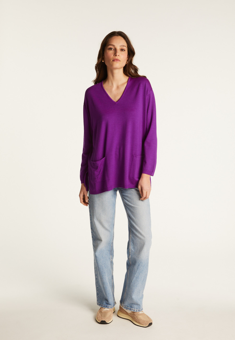 Pull ample col V à poches en laine mérinos - Albertine 7852 celadon - 94 Vert amande