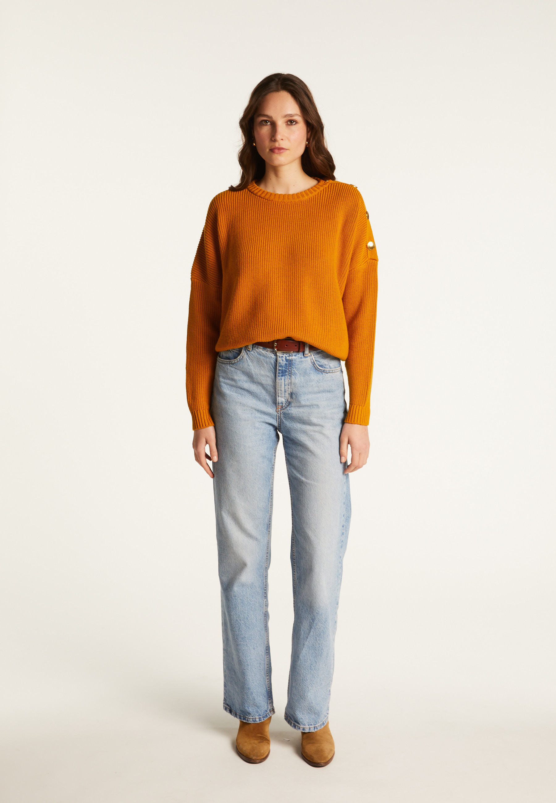 Merino wool round neck buttoned shoulder sweater - Gao