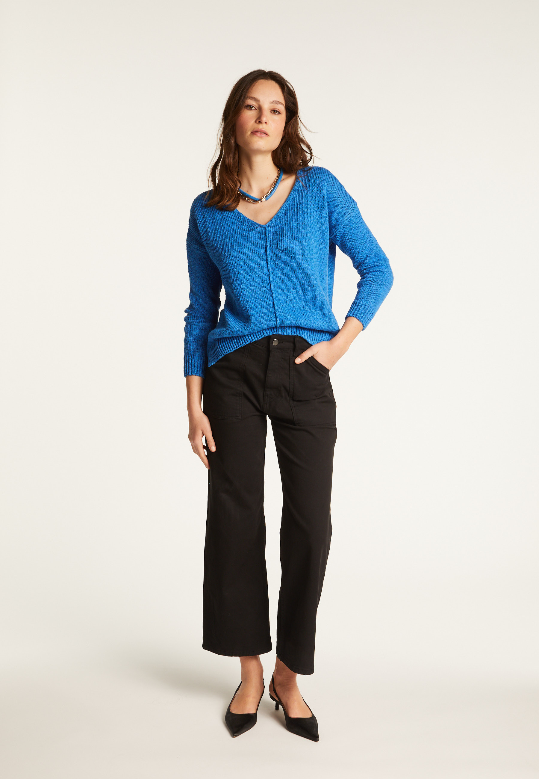 V-neck cotton and linen sweater - Nathalie