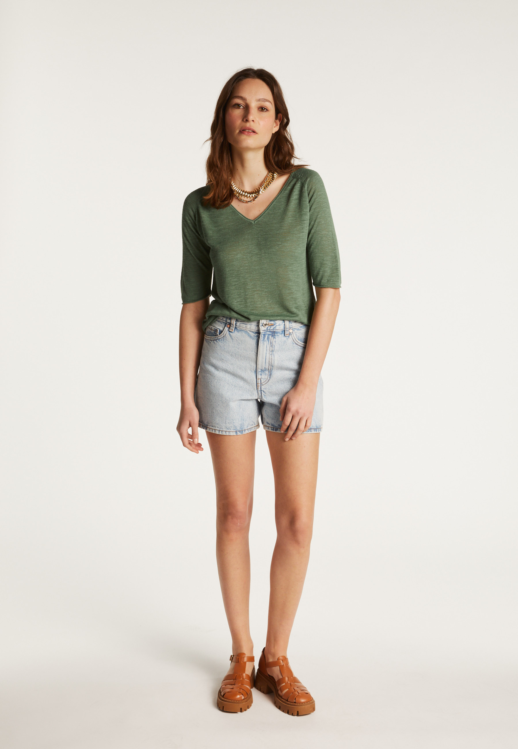 Flamed linen V-neck t-shirt - Bonbon