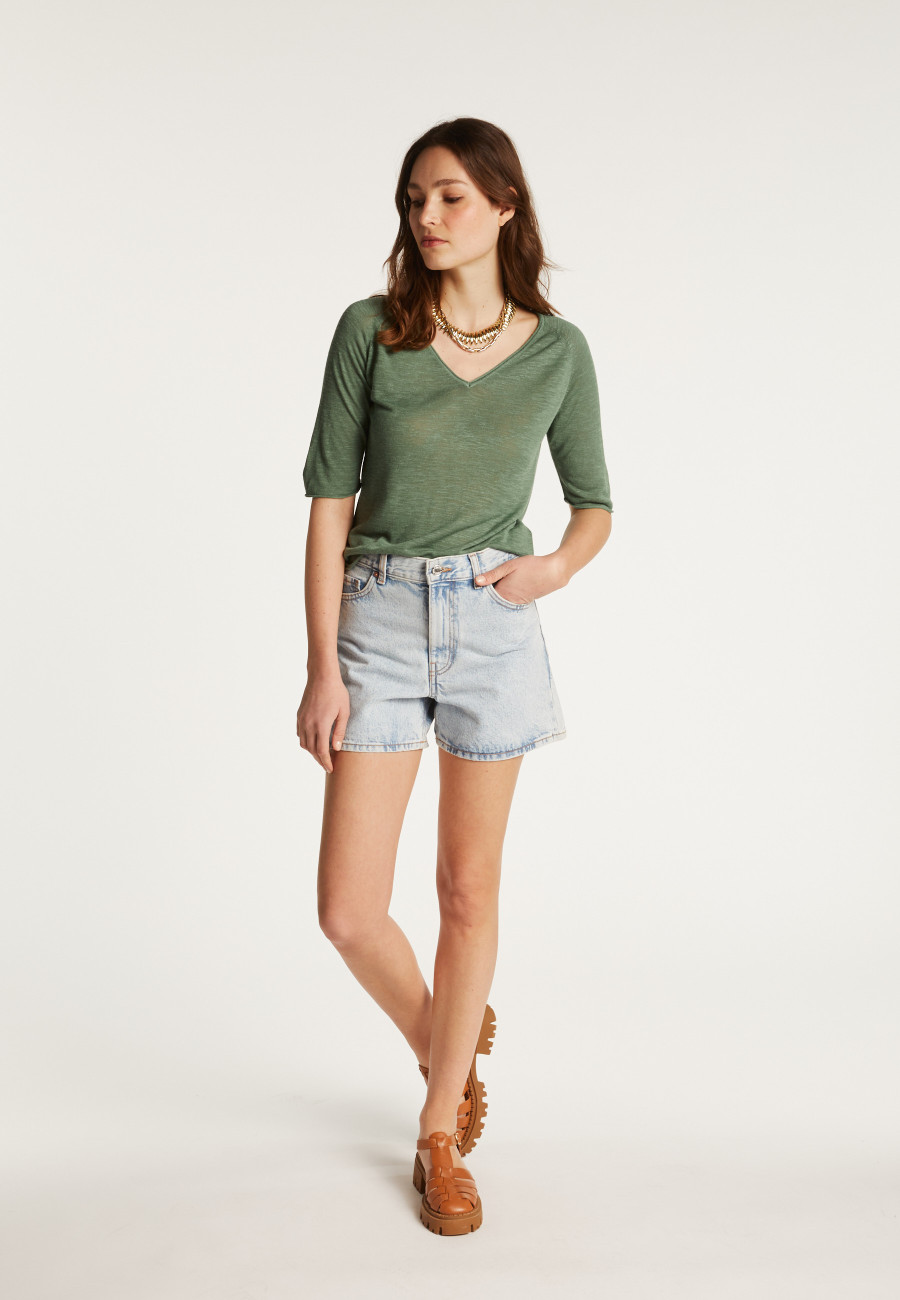 Flamed linen V-neck t-shirt - Bonbon