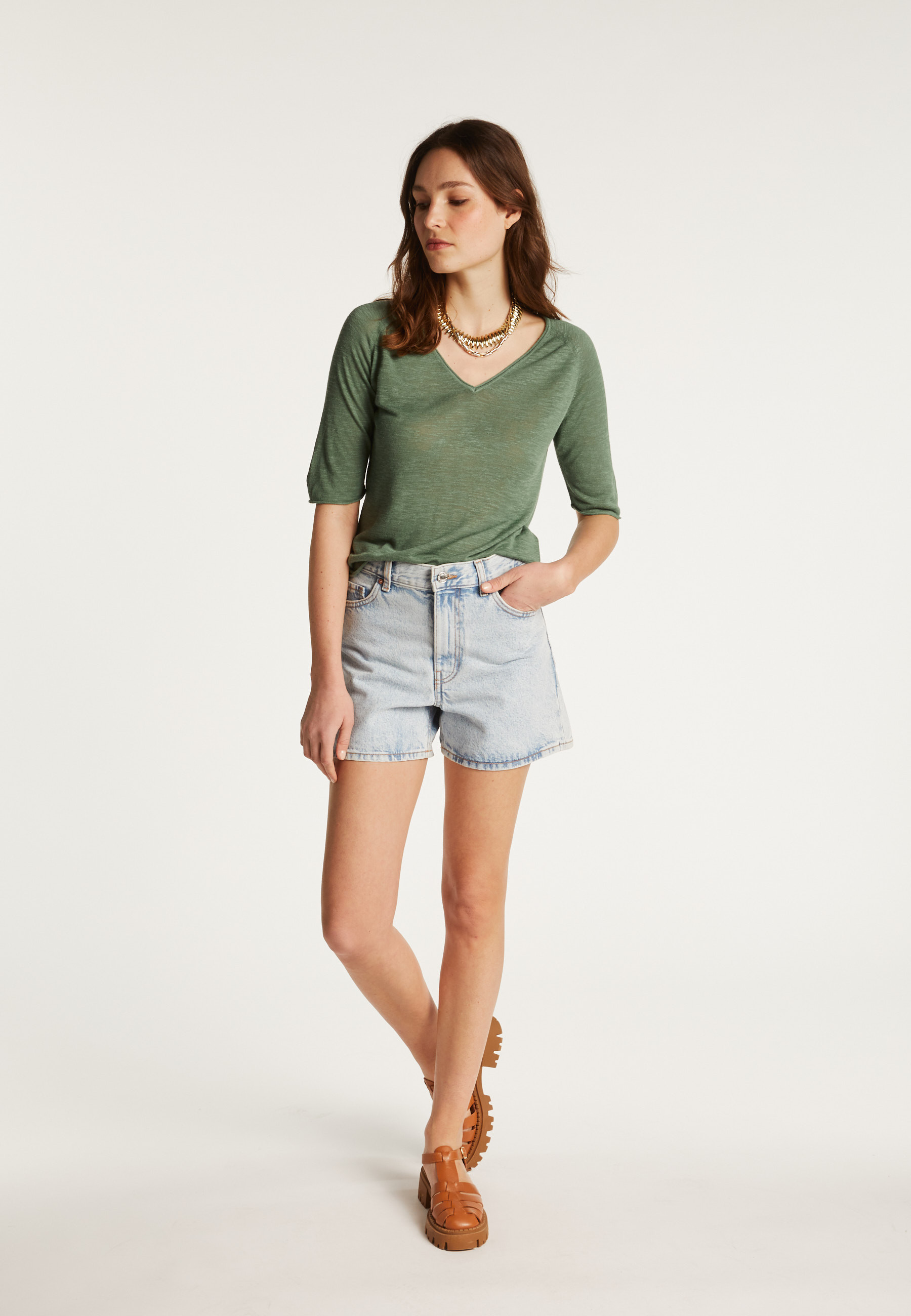 Flamed linen V-neck t-shirt - Bonbon