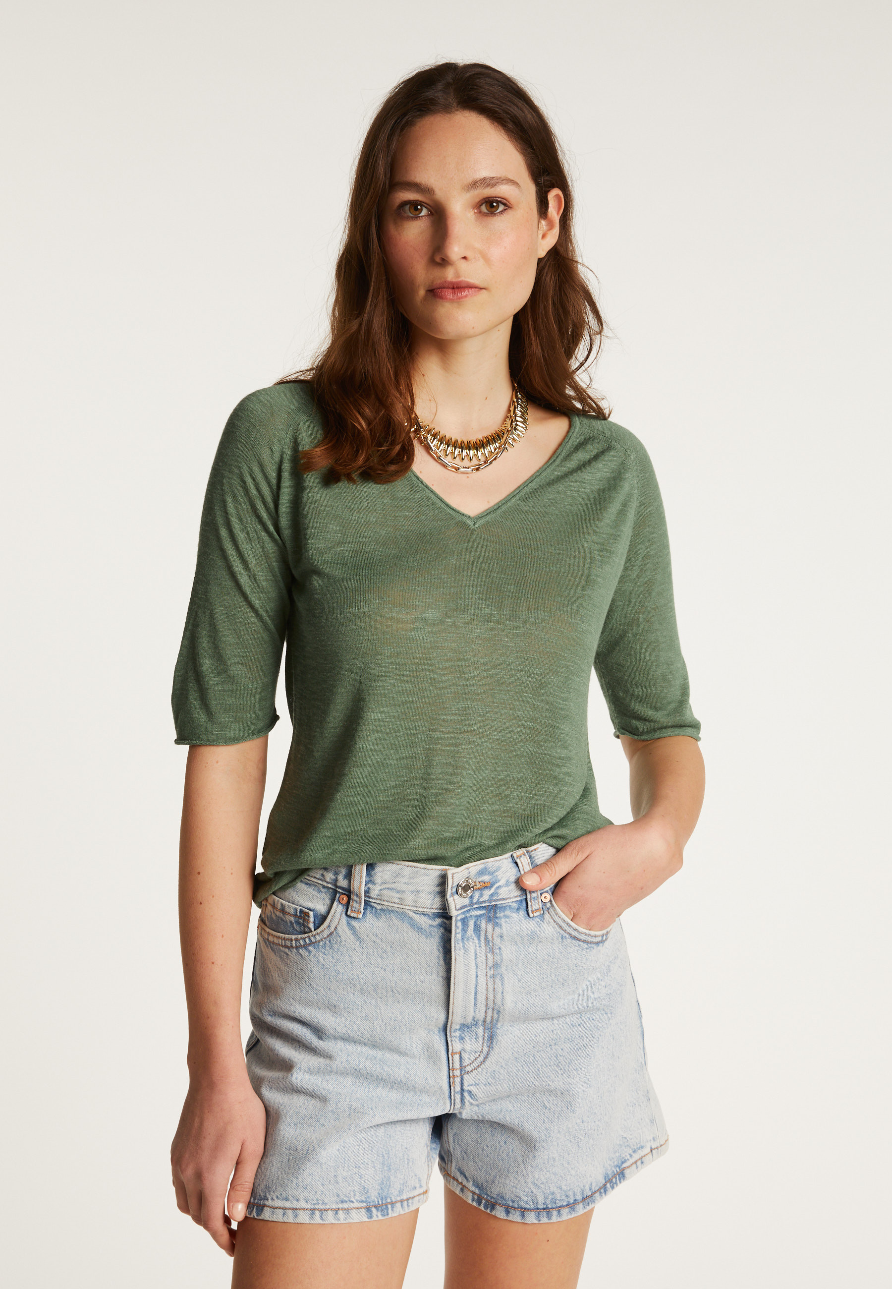 Flamed linen V-neck t-shirt - Bonbon