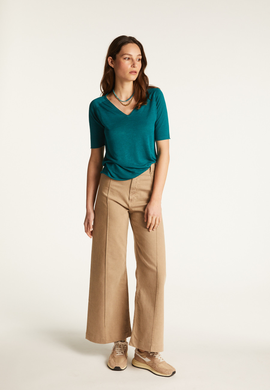 Flamed linen V-neck t-shirt - Bonbon